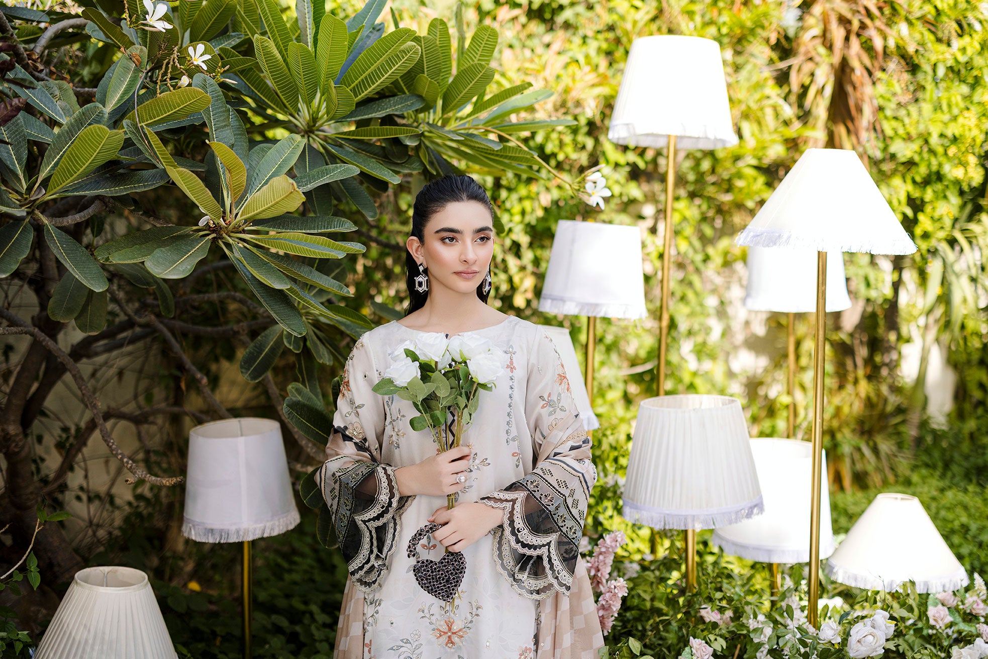 Soft beige 2-piece silk ensemble with olive and peach floral embroidery and scalloped lace borders.