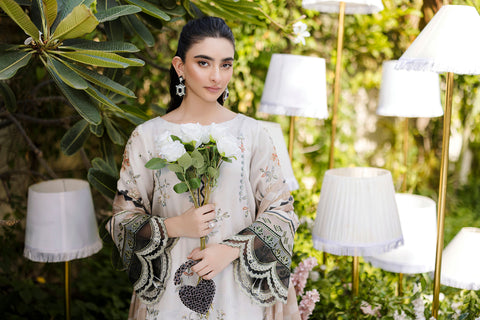 Soft beige 2-piece silk ensemble with olive and peach floral embroidery and scalloped lace borders.