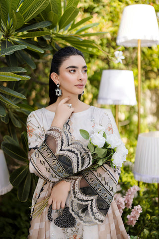 Soft beige 2-piece silk ensemble with olive and peach floral embroidery and scalloped lace borders.