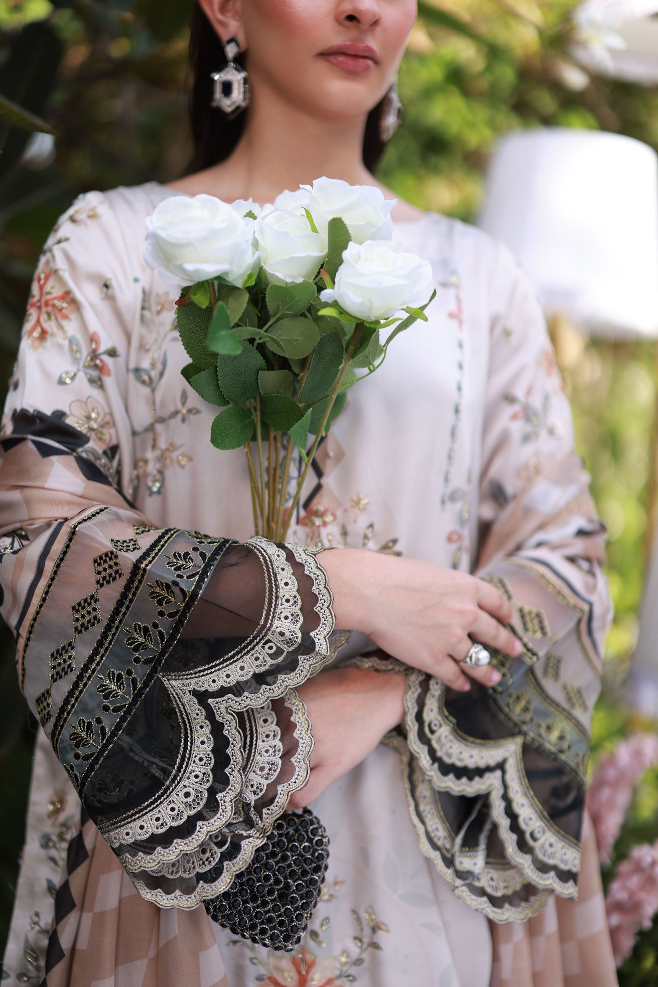 Soft beige 2-piece silk ensemble with olive and peach floral embroidery and scalloped lace borders.