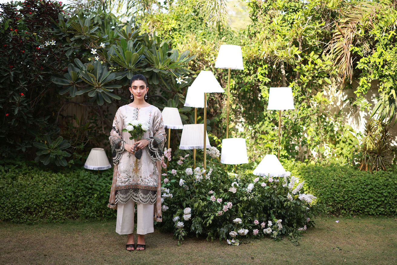 Soft beige 2-piece silk ensemble with olive and peach floral embroidery and scalloped lace borders.