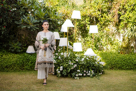 Soft beige 2-piece silk ensemble with olive and peach floral embroidery and scalloped lace borders.