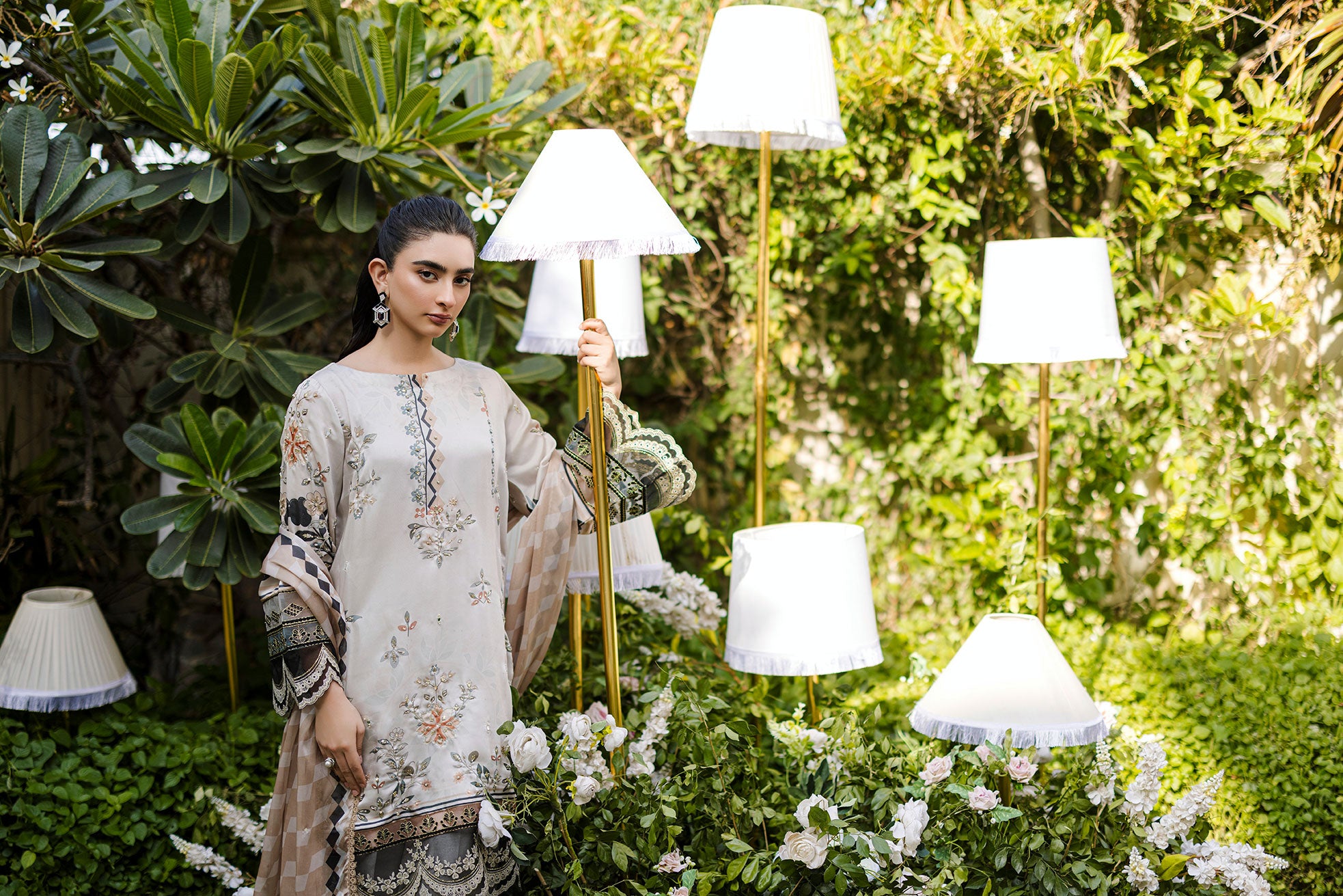 Soft beige 2-piece silk ensemble with olive and peach floral embroidery and scalloped lace borders.