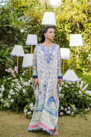 FW25DA-2869 Multi-colored hand-embellished silk kaftan featuring delicate floral patterns in hues of blue, green, and blush pink with a graceful, relaxed silhouette.