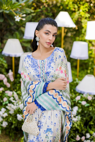 FW25DA-2869 Multi-colored hand-embellished silk kaftan featuring delicate floral patterns in hues of blue, green, and blush pink with a graceful, relaxed silhouette.