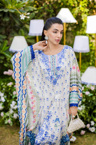 FW25DA-2869 Multi-colored hand-embellished silk kaftan featuring delicate floral patterns in hues of blue, green, and blush pink with a graceful, relaxed silhouette.