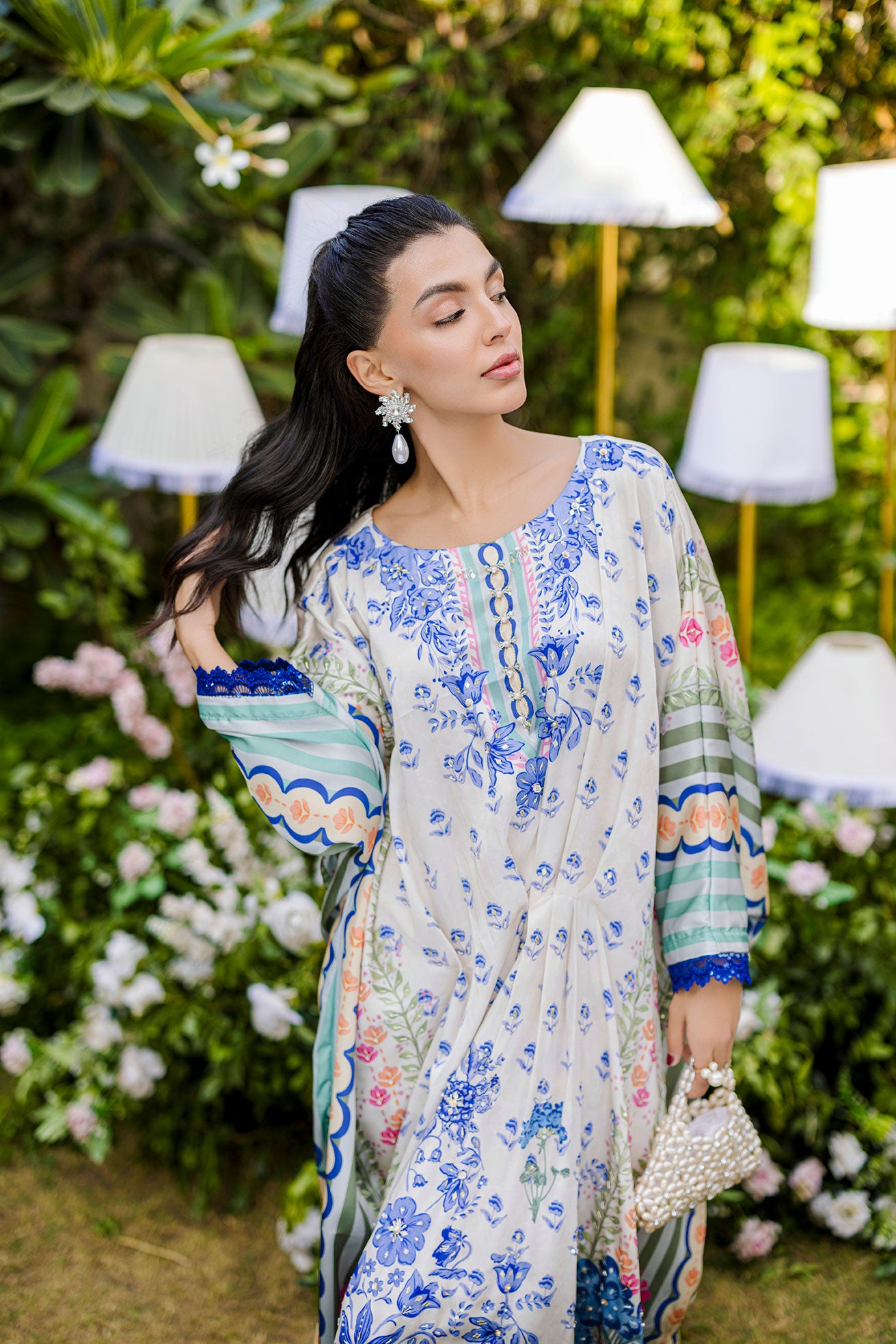 FW25DA-2869 Multi-colored hand-embellished silk kaftan featuring delicate floral patterns in hues of blue, green, and blush pink with a graceful, relaxed silhouette.