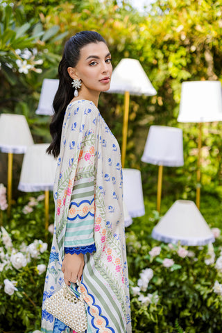 FW25DA-2869 Multi-colored hand-embellished silk kaftan featuring delicate floral patterns in hues of blue, green, and blush pink with a graceful, relaxed silhouette.