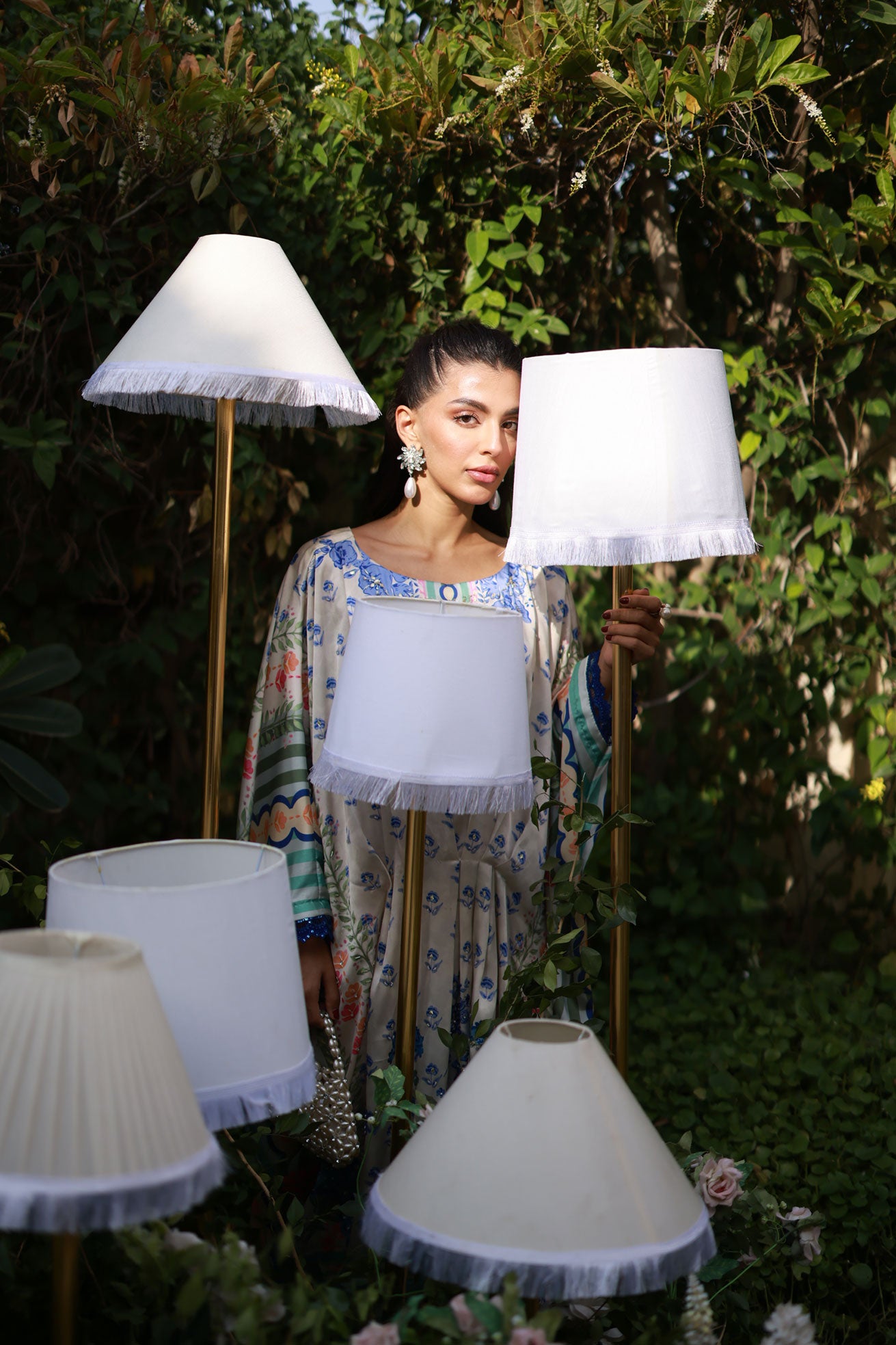 FW25DA-2869 Multi-colored hand-embellished silk kaftan featuring delicate floral patterns in hues of blue, green, and blush pink with a graceful, relaxed silhouette.