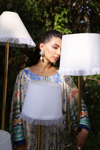 FW25DA-2869 Multi-colored hand-embellished silk kaftan featuring delicate floral patterns in hues of blue, green, and blush pink with a graceful, relaxed silhouette.