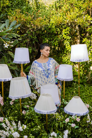 FW25DA-2869 Multi-colored hand-embellished silk kaftan featuring delicate floral patterns in hues of blue, green, and blush pink with a graceful, relaxed silhouette.