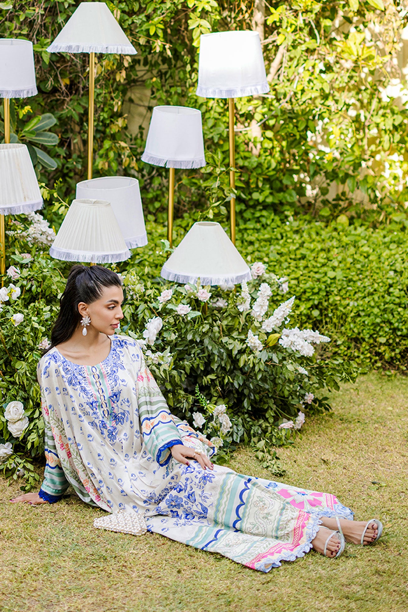 FW25DA-2869 Multi-colored hand-embellished silk kaftan featuring delicate floral patterns in hues of blue, green, and blush pink with a graceful, relaxed silhouette.