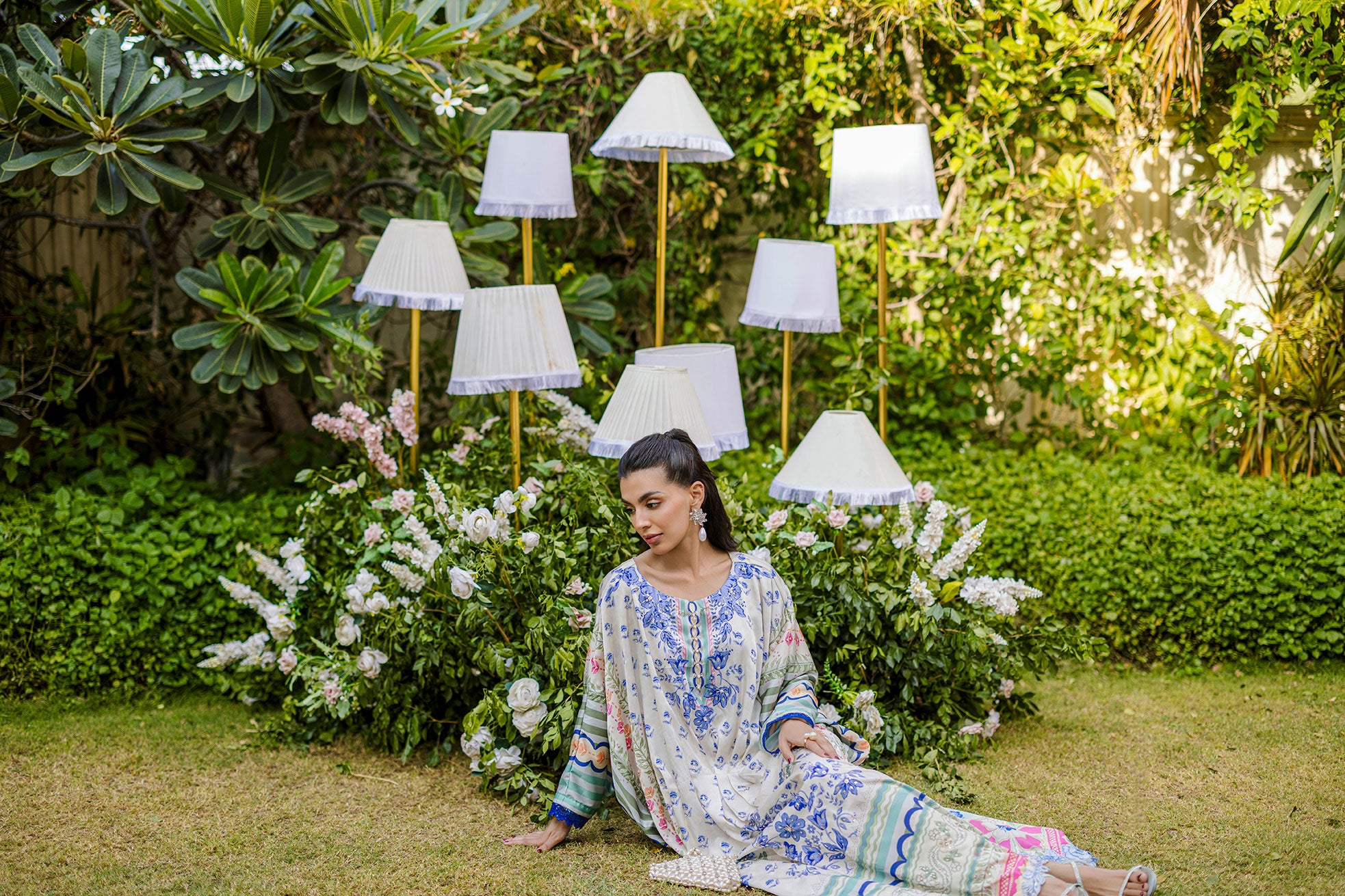 FW25DA-2869 Multi-colored hand-embellished silk kaftan featuring delicate floral patterns in hues of blue, green, and blush pink with a graceful, relaxed silhouette.