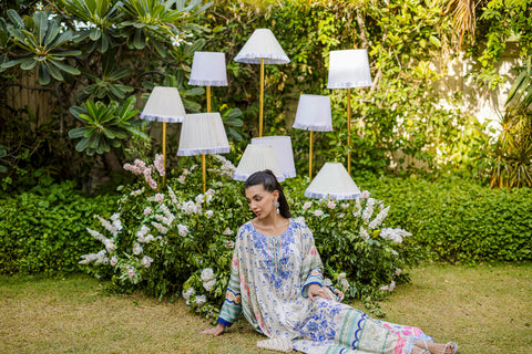 FW25DA-2869 Multi-colored hand-embellished silk kaftan featuring delicate floral patterns in hues of blue, green, and blush pink with a graceful, relaxed silhouette.