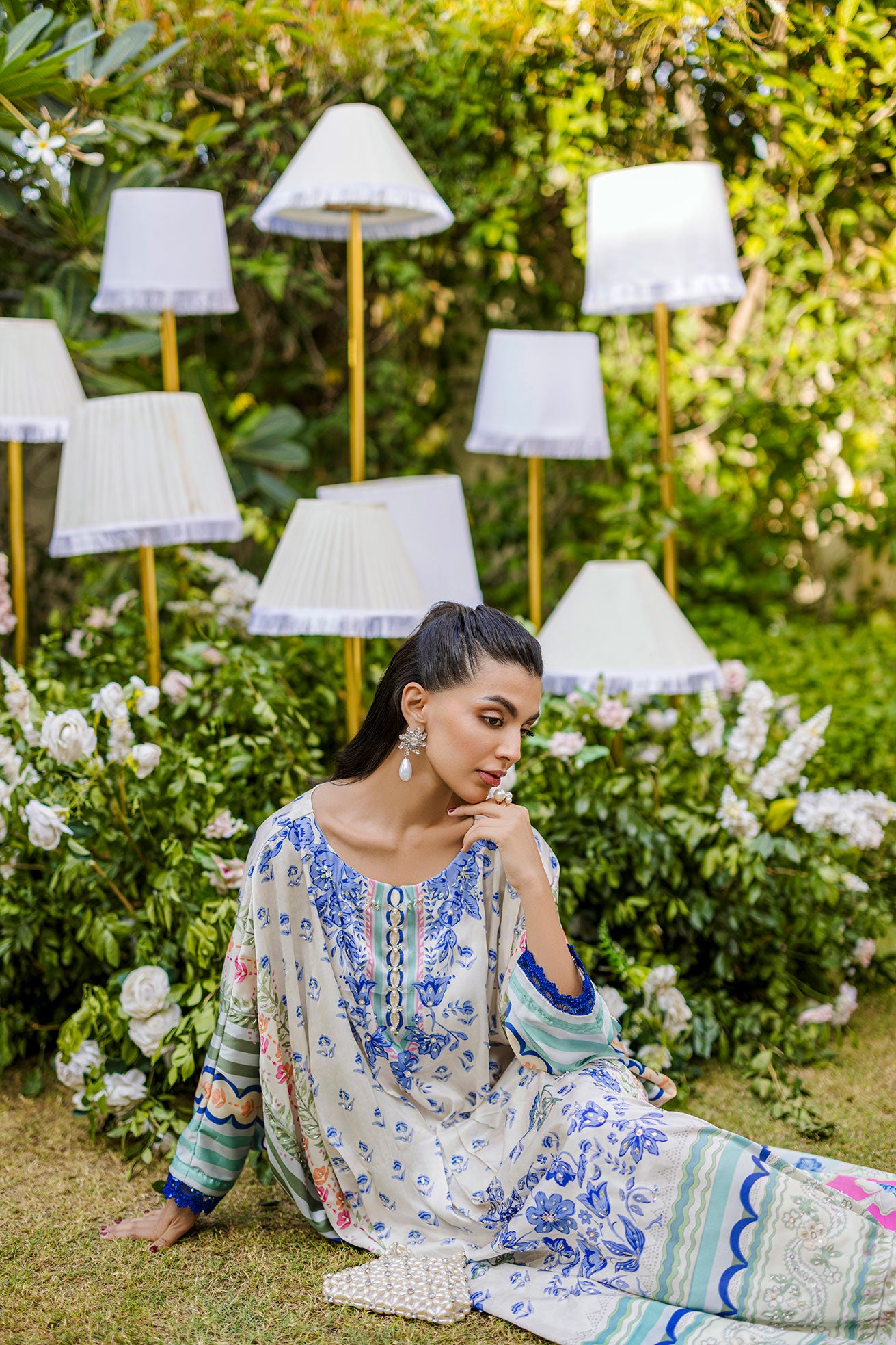 FW25DA-2869 Multi-colored hand-embellished silk kaftan featuring delicate floral patterns in hues of blue, green, and blush pink with a graceful, relaxed silhouette.
