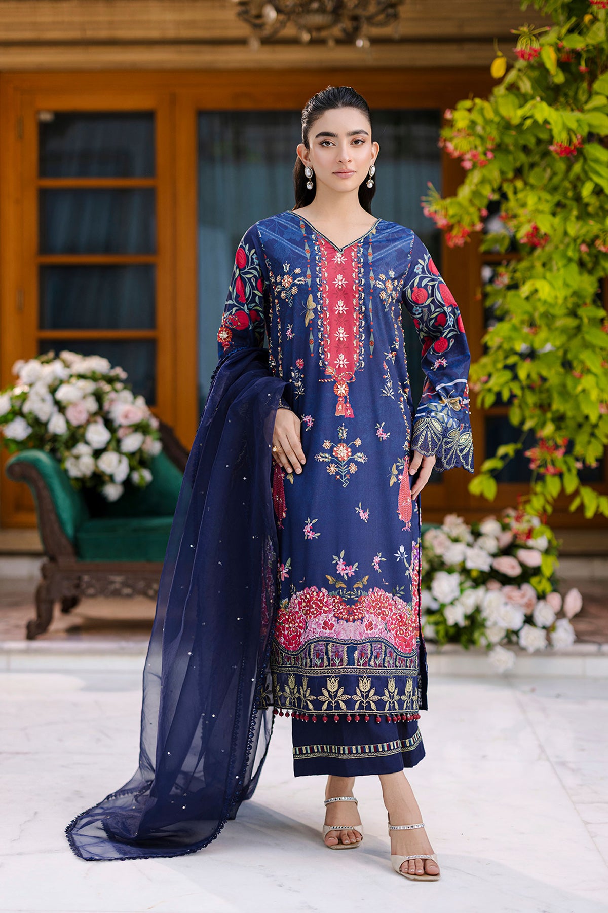 Deep navy blue 2-piece silk ensemble with crimson and gold embroidery on the neckline and sleeves.