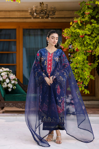 Deep navy blue 2-piece silk ensemble with crimson and gold embroidery on the neckline and sleeves.