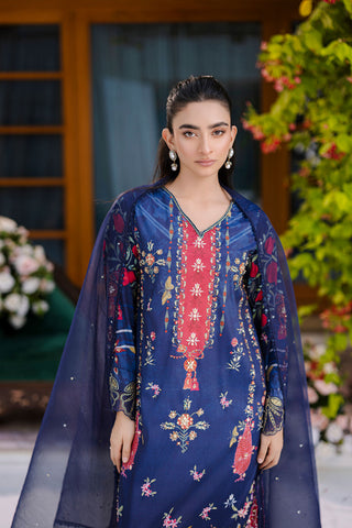 Deep navy blue 2-piece silk ensemble with crimson and gold embroidery on the neckline and sleeves.