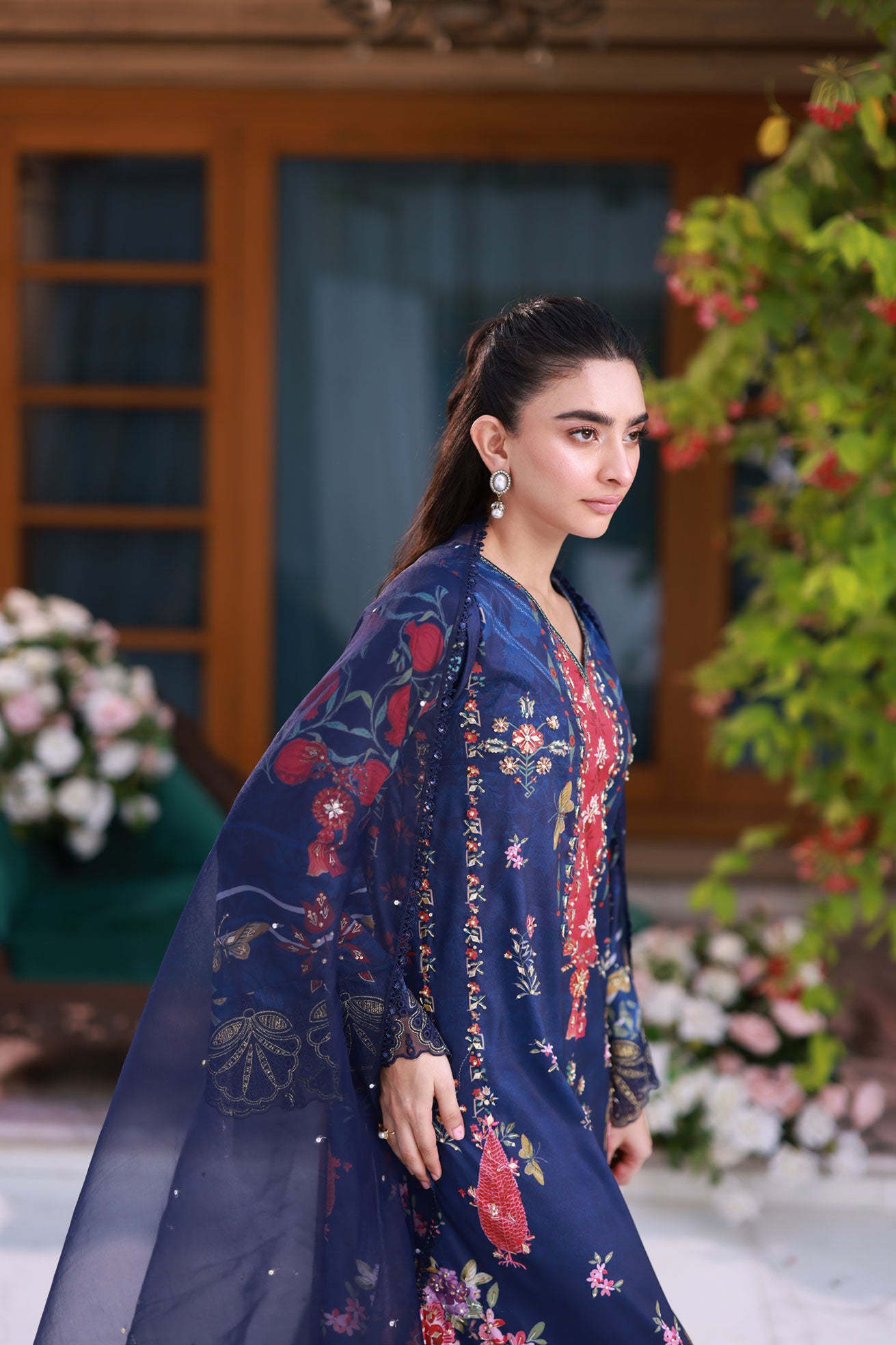 Deep navy blue 2-piece silk ensemble with crimson and gold embroidery on the neckline and sleeves.