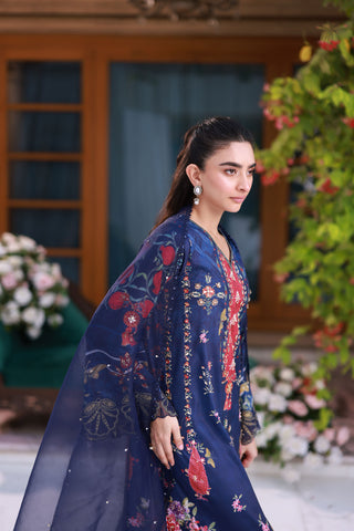 Deep navy blue 2-piece silk ensemble with crimson and gold embroidery on the neckline and sleeves.