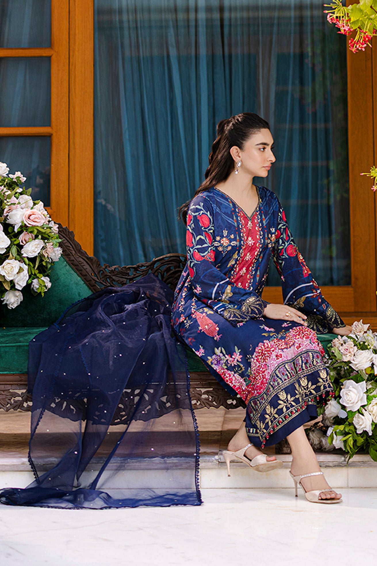 Deep navy blue 2-piece silk ensemble with crimson and gold embroidery on the neckline and sleeves.