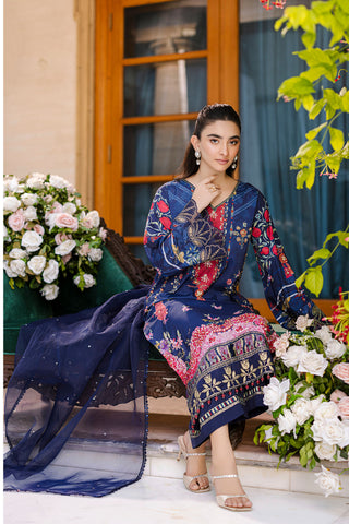 Deep navy blue 2-piece silk ensemble with crimson and gold embroidery on the neckline and sleeves.