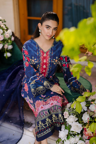 Deep navy blue 2-piece silk ensemble with crimson and gold embroidery on the neckline and sleeves.