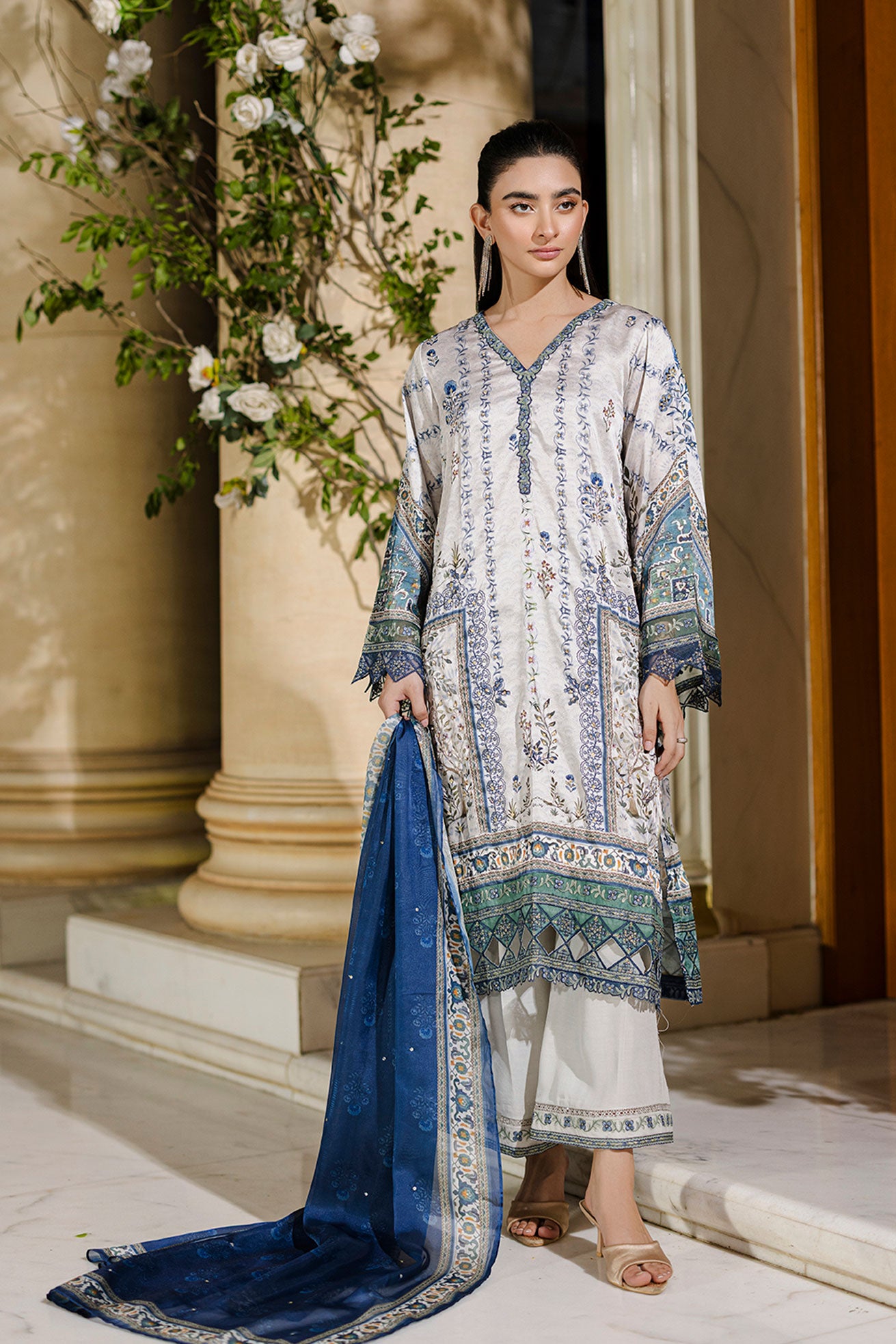 Pure silk grey 2-piece ensemble with sage and blue floral motifs and refined thread embroidery.