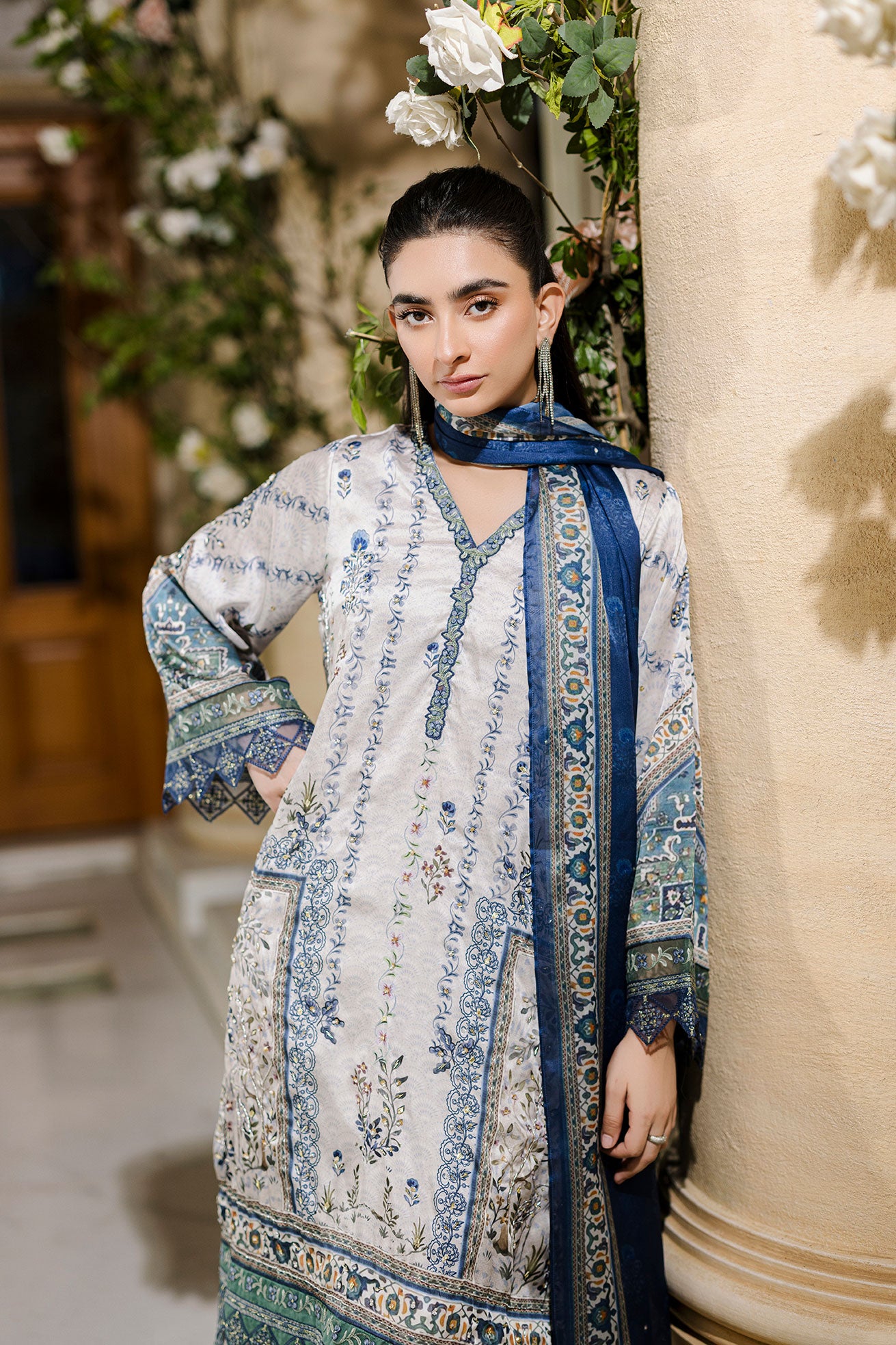 Pure silk grey 2-piece ensemble with sage and blue floral motifs and refined thread embroidery.