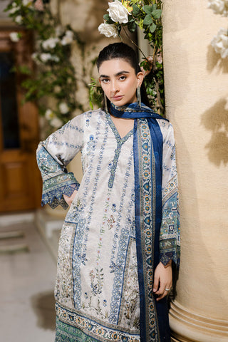 Pure silk grey 2-piece ensemble with sage and blue floral motifs and refined thread embroidery.