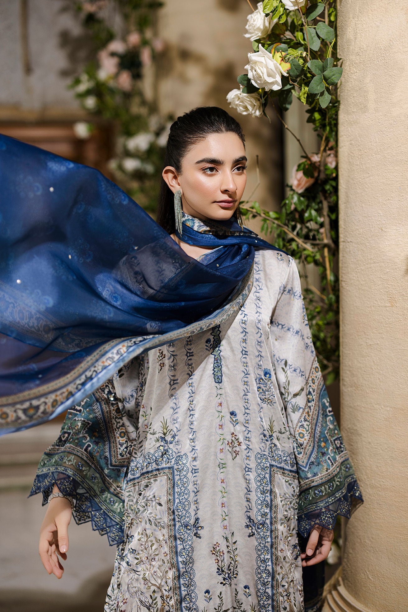 Pure silk grey 2-piece ensemble with sage and blue floral motifs and refined thread embroidery.
