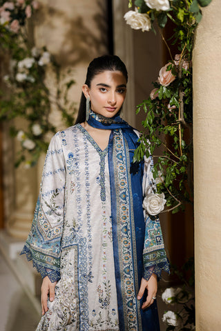 Pure silk grey 2-piece ensemble with sage and blue floral motifs and refined thread embroidery.