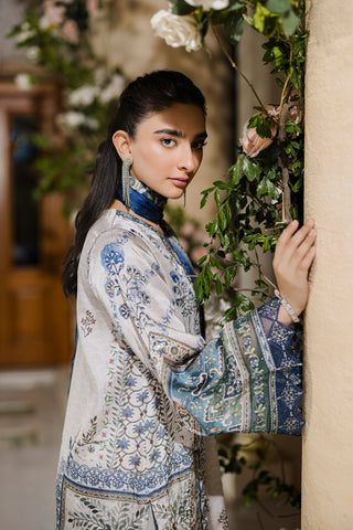 Pure silk grey 2-piece ensemble with sage and blue floral motifs and refined thread embroidery.