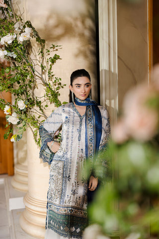 Pure silk grey 2-piece ensemble with sage and blue floral motifs and refined thread embroidery.