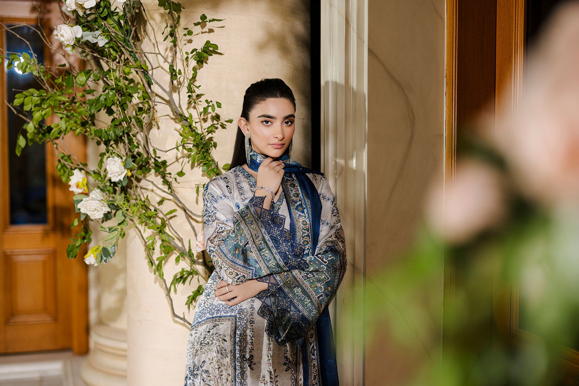 Pure silk grey 2-piece ensemble with sage and blue floral motifs and refined thread embroidery.