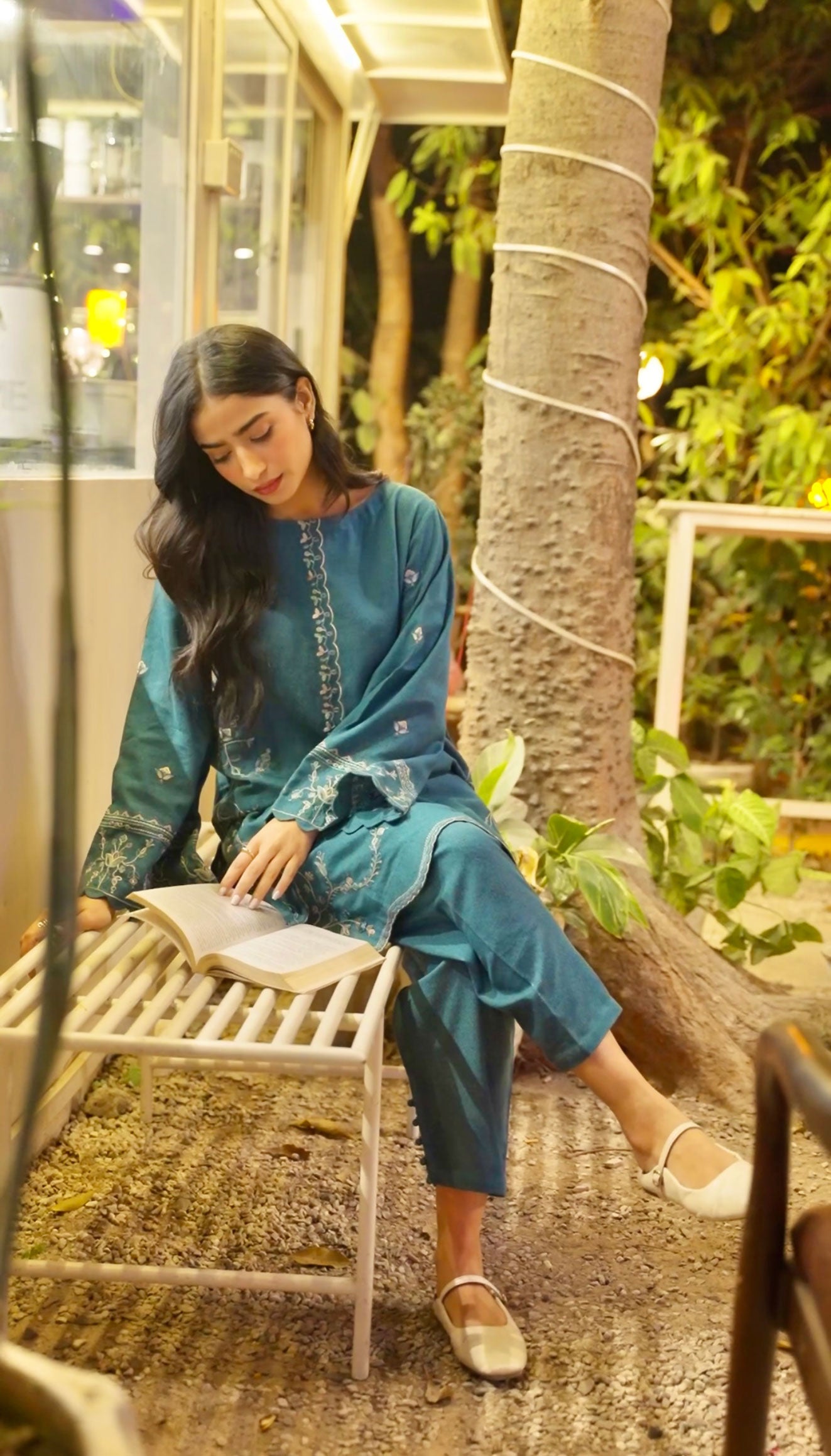 FW25DC-2884 Turquoise blue 2-piece ensemble with tonal embroidery on neckline, sleeves, and hem.