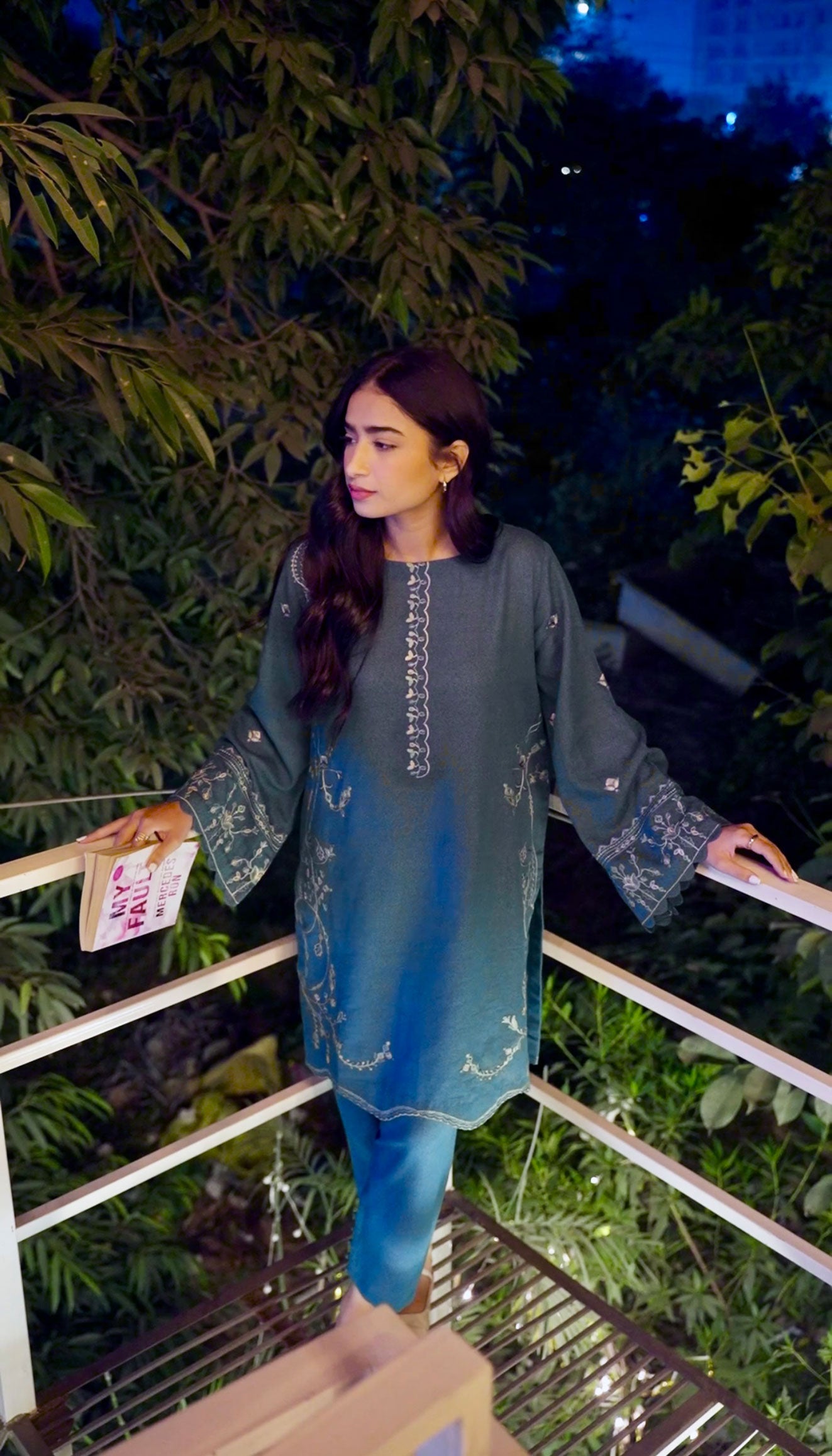 FW25DC-2884 Turquoise blue 2-piece ensemble with tonal embroidery on neckline, sleeves, and hem.