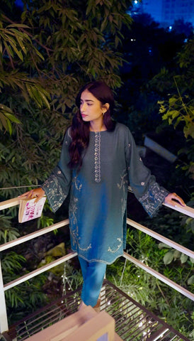 FW25DC-2884 Turquoise blue 2-piece ensemble with tonal embroidery on neckline, sleeves, and hem.