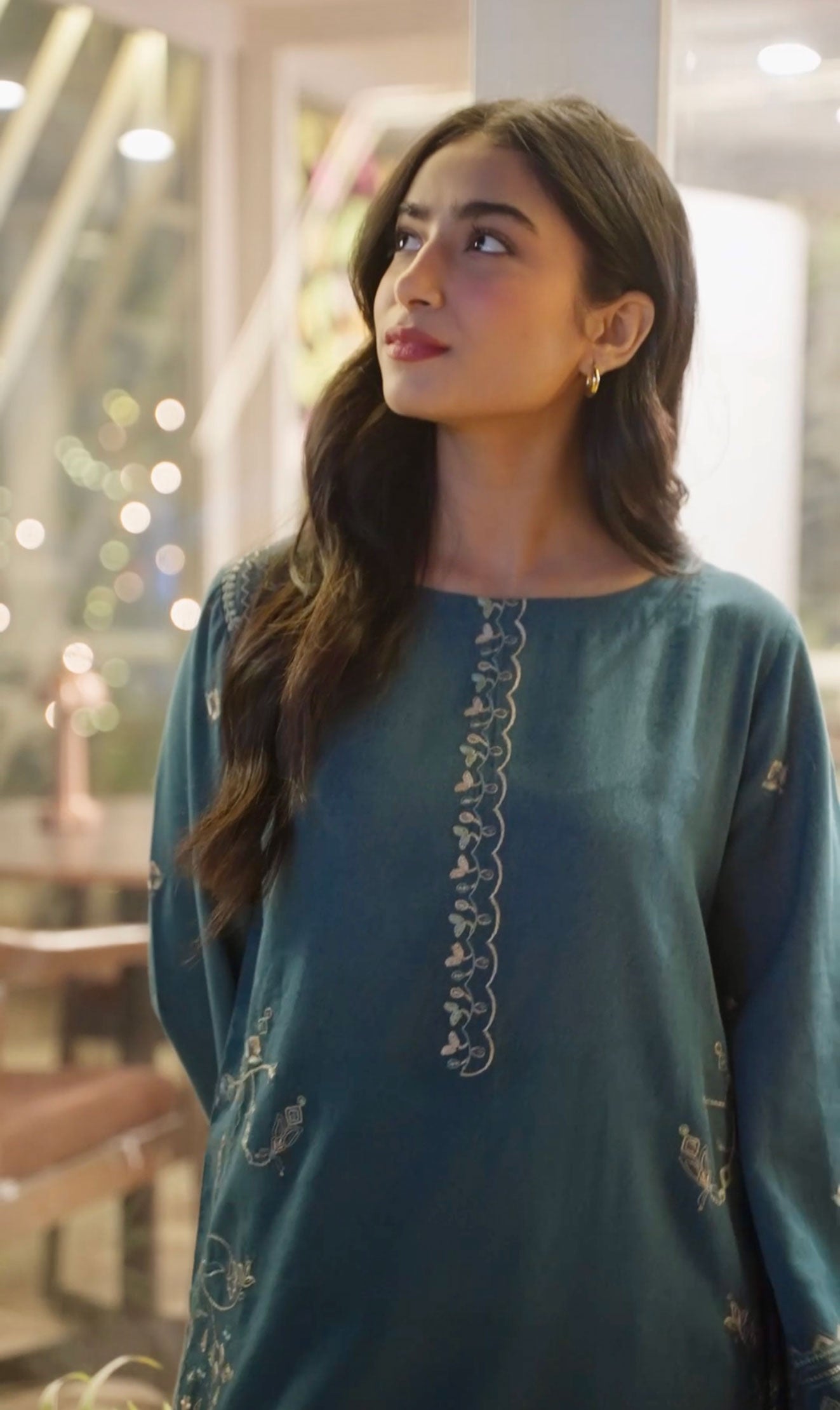 FW25DC-2884 Turquoise blue 2-piece ensemble with tonal embroidery on neckline, sleeves, and hem.