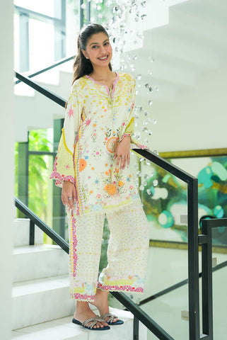 SS26DP-2951 CREAM 2PCS  EMBROIDERED KURTA WITH TROUSER