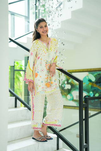 SS26DP-2951 CREAM 2PCS  EMBROIDERED KURTA WITH TROUSER
