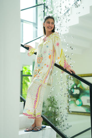 SS26DP-2951 CREAM 2PCS  EMBROIDERED KURTA WITH TROUSER