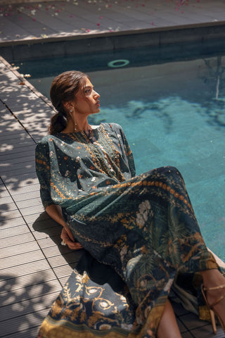 SS24DA-2520 DARK GREEN HAND EMBELLISHED KAFTAN