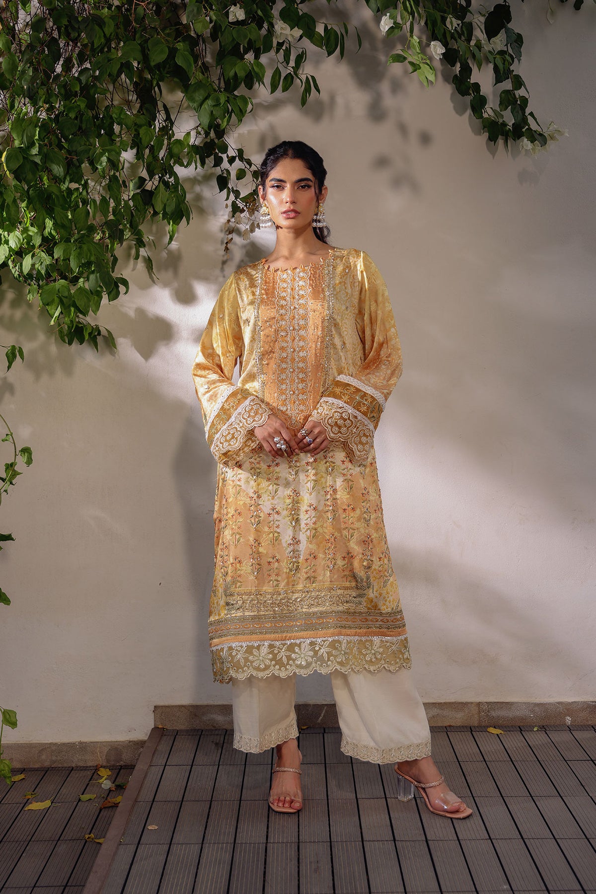 SS24DA-2519 MUSTARD 2PCS HAND EMBELLISHED  SHIRT WITH TROUSER