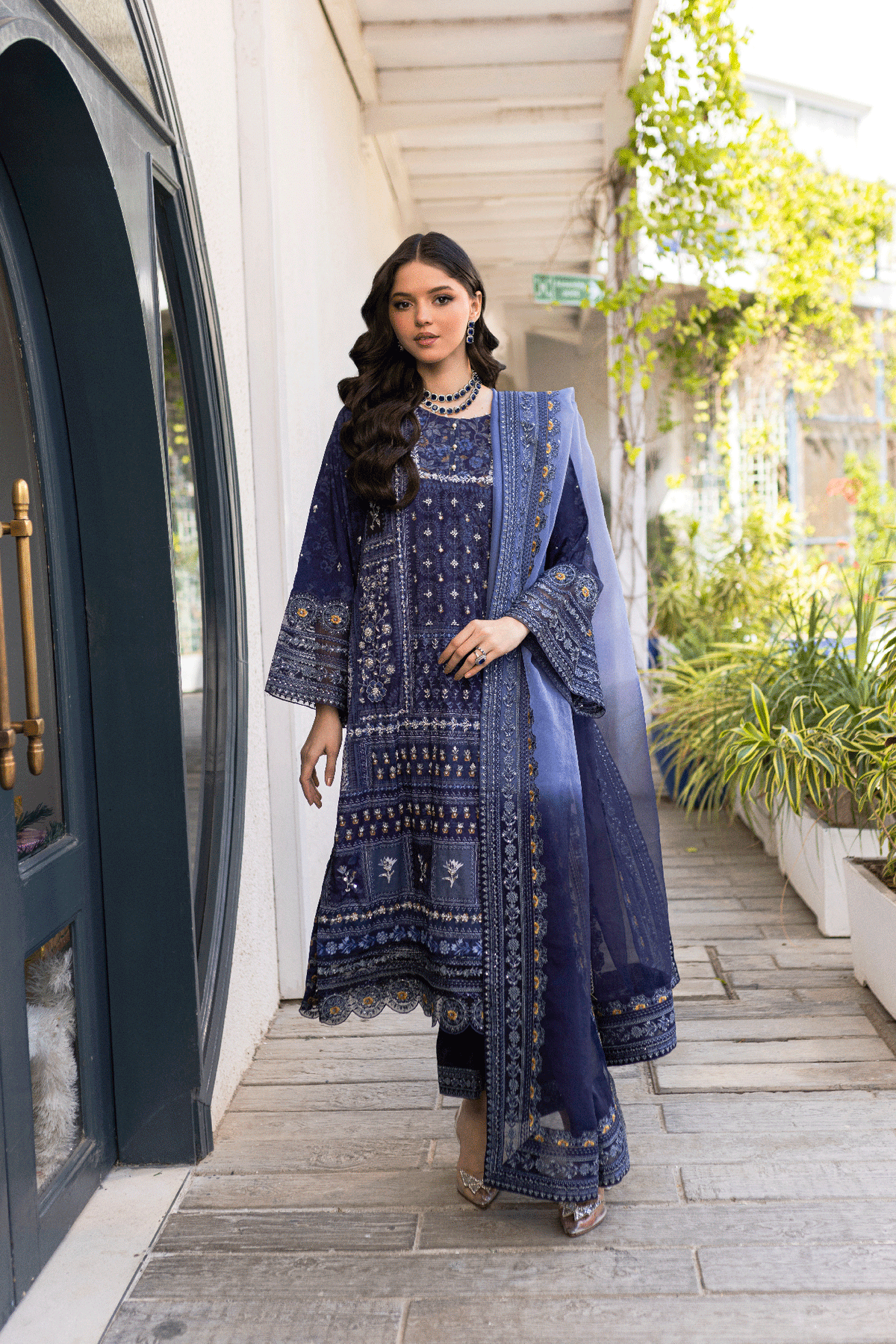 Silk Tunic - 2PCS HAND EMBELLISHED  SHIRT WITH TROUSER-SS24DA-2668 NAVY BLUE