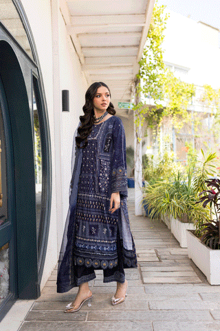 Silk Tunic - 2PCS HAND EMBELLISHED  SHIRT WITH TROUSER-SS24DA-2668 NAVY BLUE