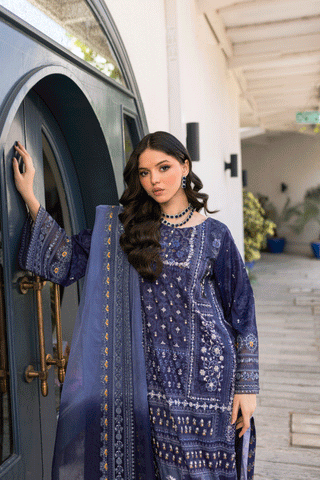 Silk Tunic - 2PCS HAND EMBELLISHED  SHIRT WITH TROUSER-SS24DA-2668 NAVY BLUE