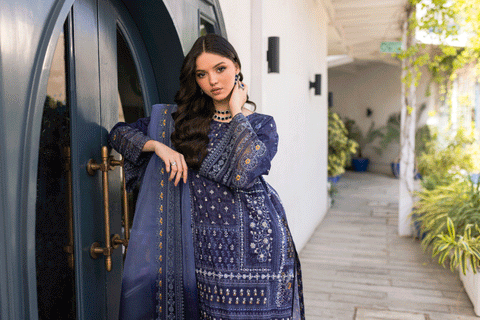 Silk Tunic - 2PCS HAND EMBELLISHED  SHIRT WITH TROUSER-SS24DA-2668 NAVY BLUE