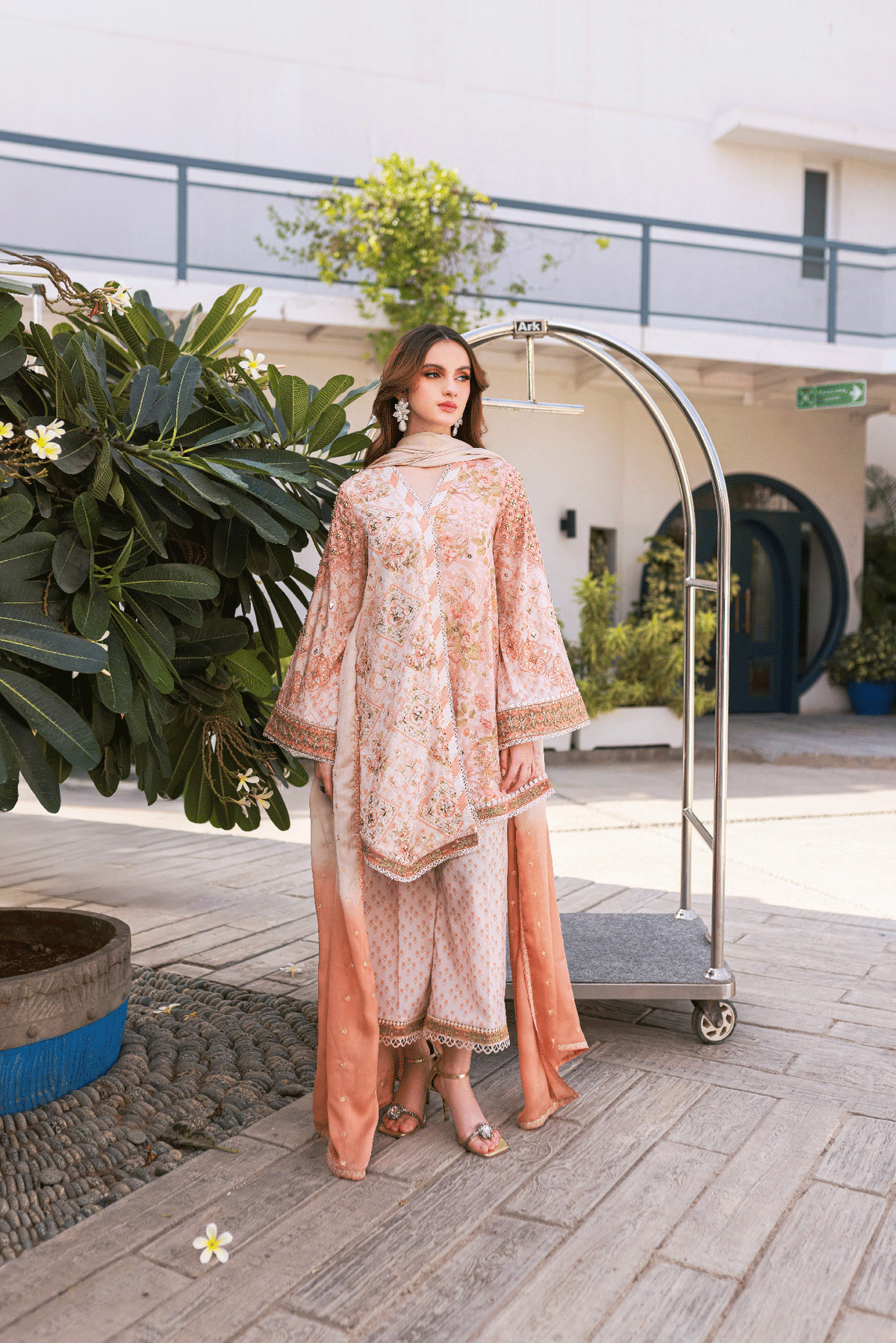 Silk Tunic - 2PCS HAND EMBELLISHED  SHIRT WITH TROUSER-SS24DA-2670 PEACH