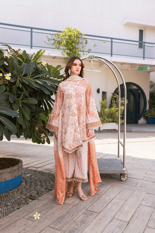 Silk Tunic - 2PCS HAND EMBELLISHED  SHIRT WITH TROUSER-SS24DA-2670 PEACH